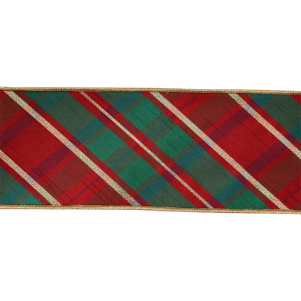 Red-green-gold plaid Christmas ribbon, gold edge, detailed pattern.