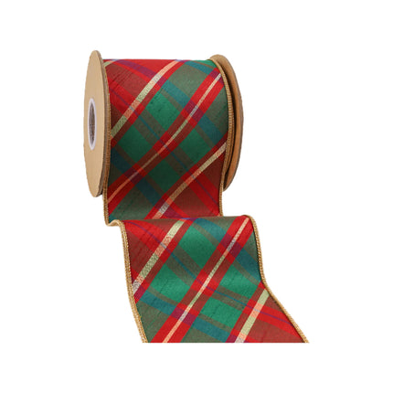 Red-green-gold plaid Christmas ribbon roll, gold edge, eye-catching design.