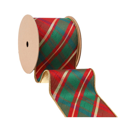 4" Wired Dupioni Ribbon, Red Green Plaid with Gold, Rolled with Partial Unfurl