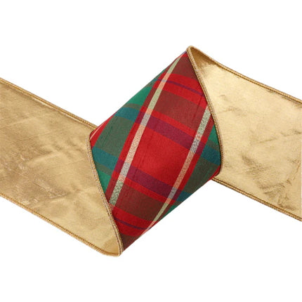 Reversible Christmas ribbon: red-green-gold plaid & gold back, unique design.