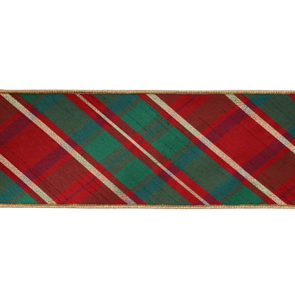 4" Wired Dupioni Ribbon, Close-up Red Green Plaid, Gold Edges, Textured Weave