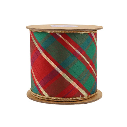  Christmas ribbon spool: red-green-gold plaid, gold edge, neat roll.
