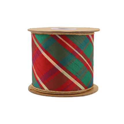 4" Wired Dupioni Ribbon, Red Green Plaid with Gold, Full Spool Display