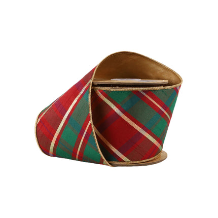 Christmas ribbon roll: red-green-gold plaid, gold edge, luxe texture.