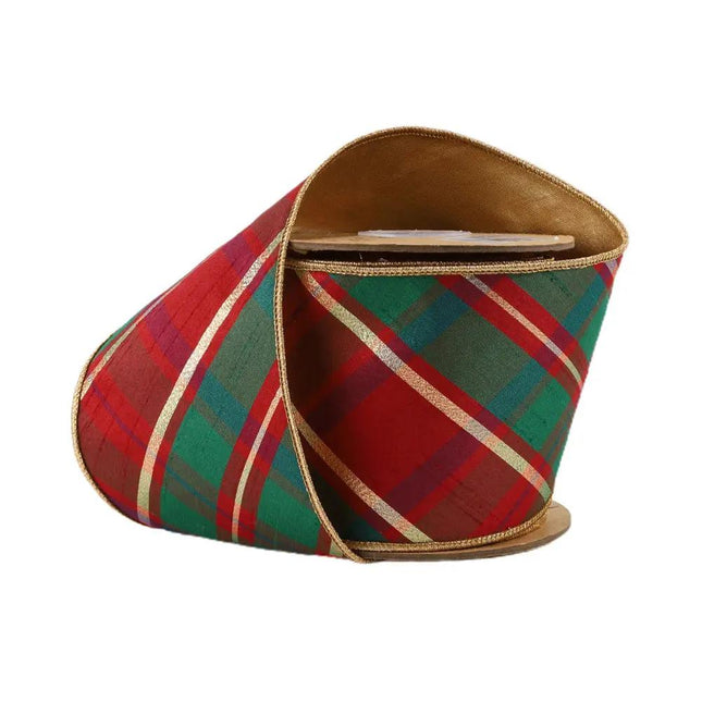 4" Wired Dupioni Ribbon | Red/Green/Gold Plaid Bias Cut w/ Double-Fused Gold Backing | 10 Yard Roll LaRibbons and Crafts