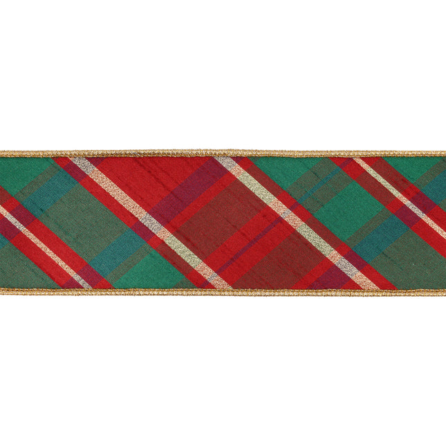 2 1/2" Wired Dupioni Ribbon | Red/Green/Gold Plaid Bias Cut w/ Double-Fused Gold Backing | 10 Yard Roll