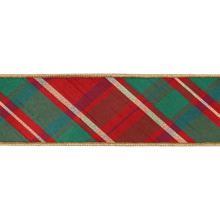 2 1/2" Wired Dupioni Ribbon | Red/Green/Gold Plaid Bias Cut w/ Double-Fused Gold Backing | 10 Yard Roll