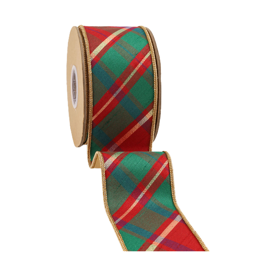 2 1/2" Wired Dupioni Ribbon | Red/Green/Gold Plaid Bias Cut w/ Double-Fused Gold Backing | 10 Yard Roll