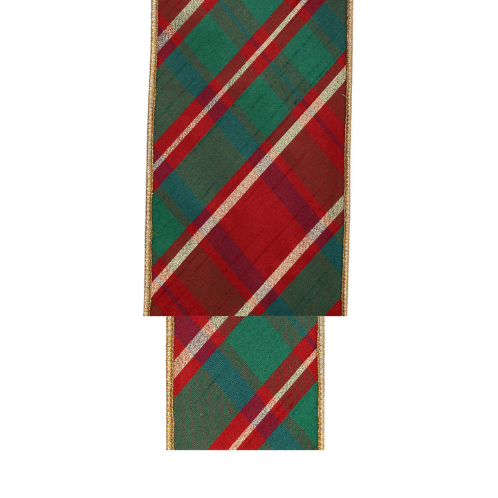 2 1/2" Wired Dupioni Ribbon | Red/Green/Gold Plaid Bias Cut w/ Double-Fused Gold Backing | 10 Yard Roll