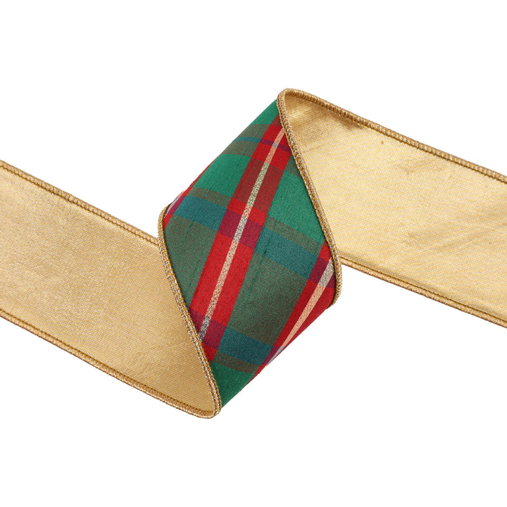 2 1/2" Wired Dupioni Ribbon | Red/Green/Gold Plaid Bias Cut w/ Double-Fused Gold Backing | 10 Yard Roll