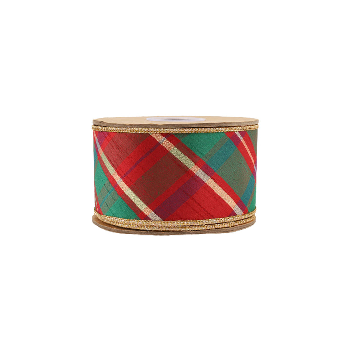 2 1/2" Wired Dupioni Ribbon | Red/Green/Gold Plaid Bias Cut w/ Double-Fused Gold Backing | 10 Yard Roll