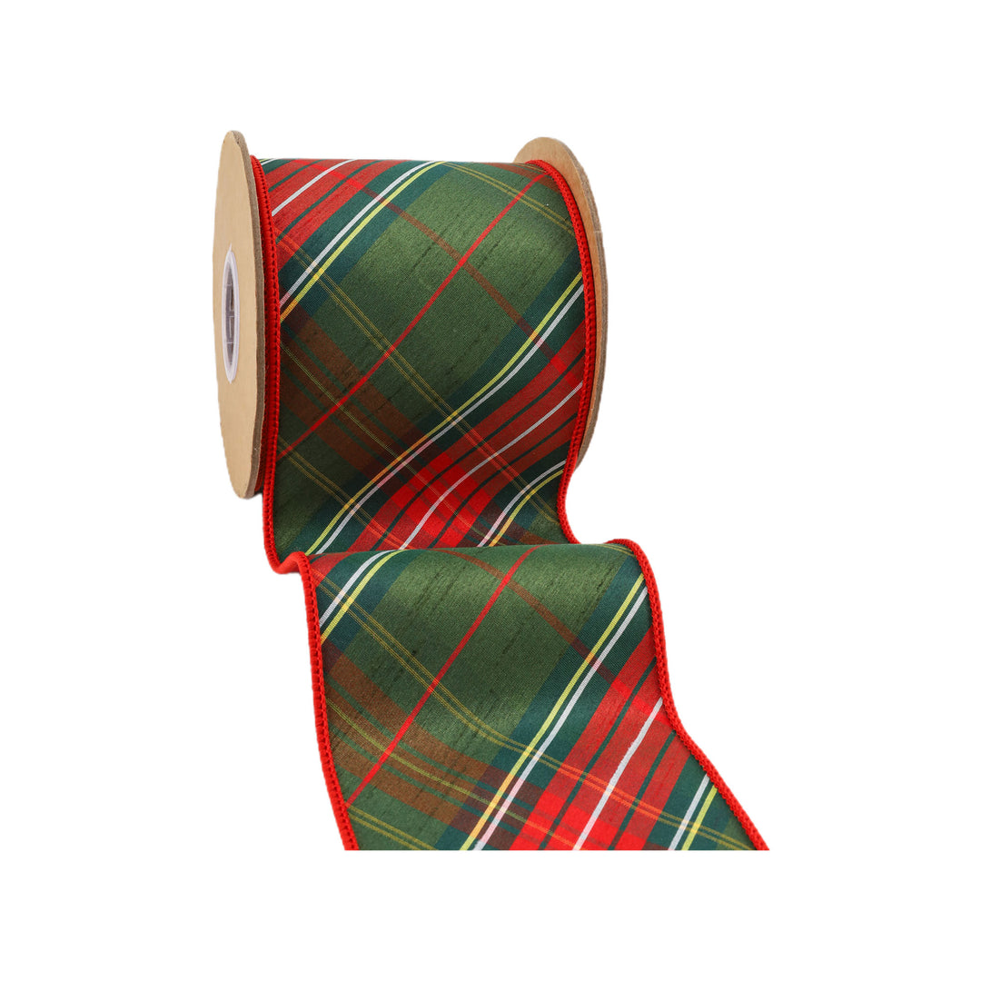 4" Wired Dupioni Ribbon | Red/Dark Green Plaid Bias Cut Double-Fused Red Backing | 5 Yard Roll