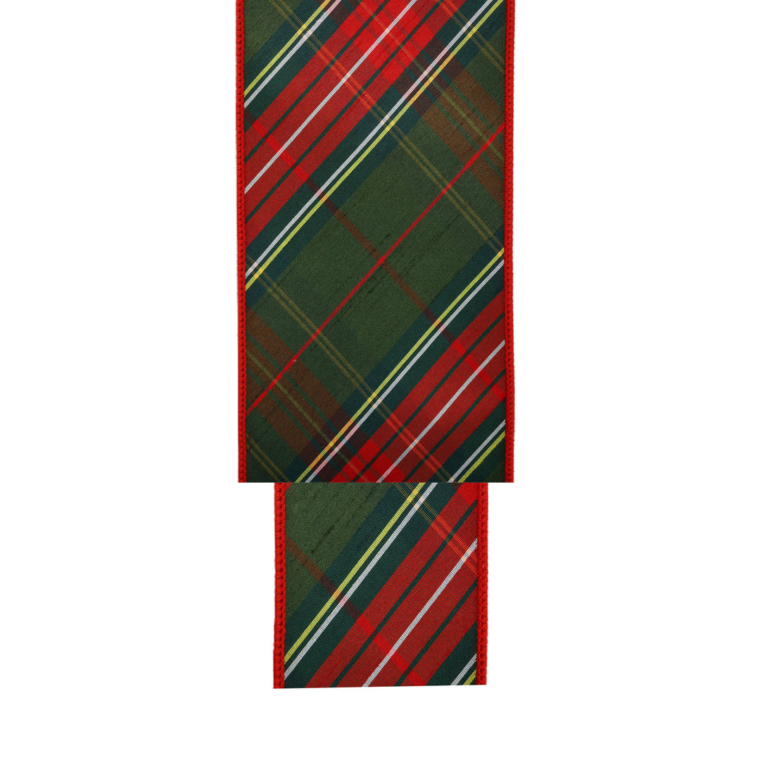 4" Wired Dupioni Ribbon | Red/Dark Green Plaid Bias Cut Double-Fused Red Backing | 5 Yard Roll