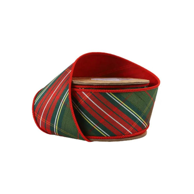2 1/2" Wired Dupioni Ribbon | Red/Dark Green Plaid Bias Cut Double-Fused Red Backing | 5 Yard Roll LaRibbons and Crafts