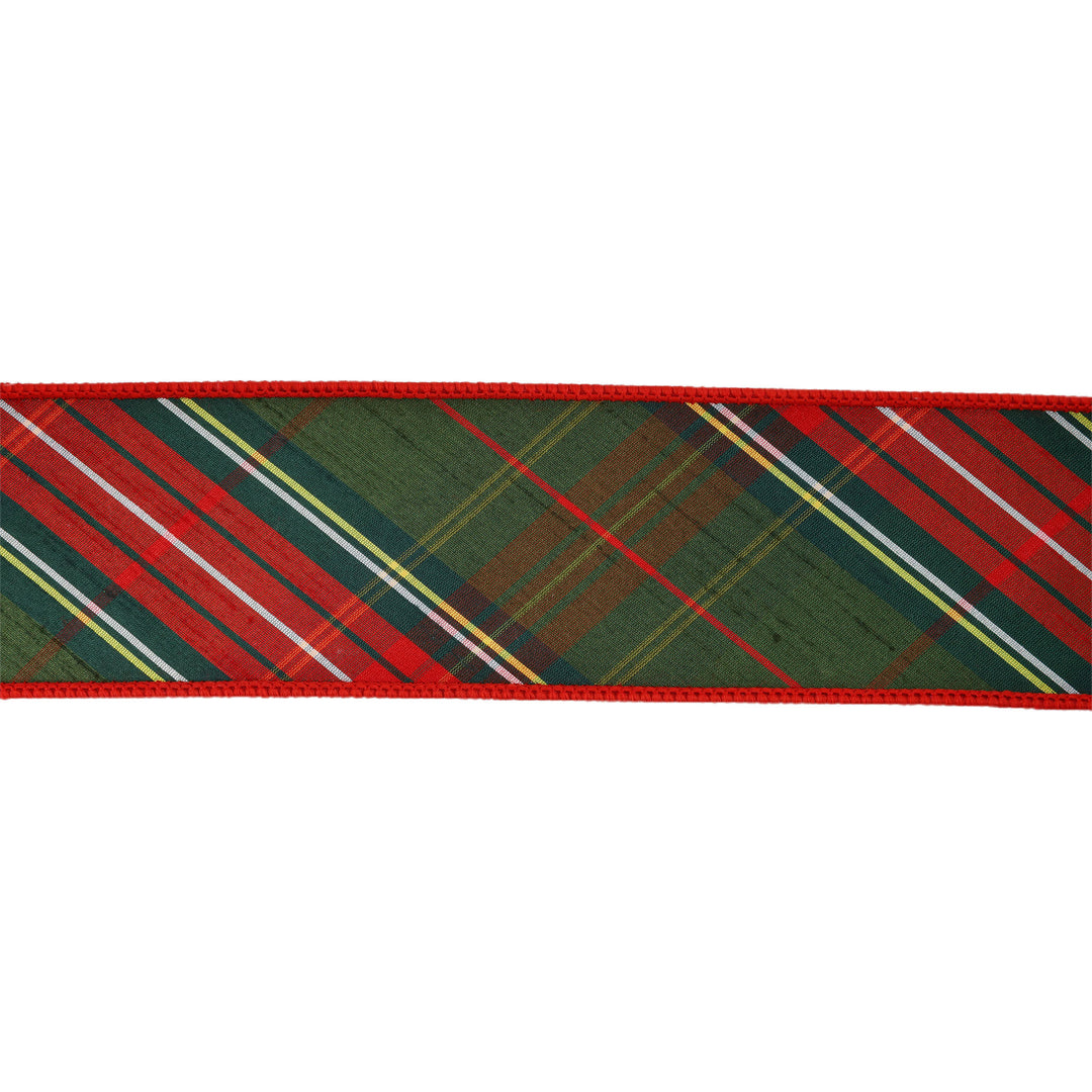 2 1/2" Wired Dupioni Ribbon | Red/Dark Green Plaid Bias Cut Double-Fused Red Backing | 5 Yard Roll