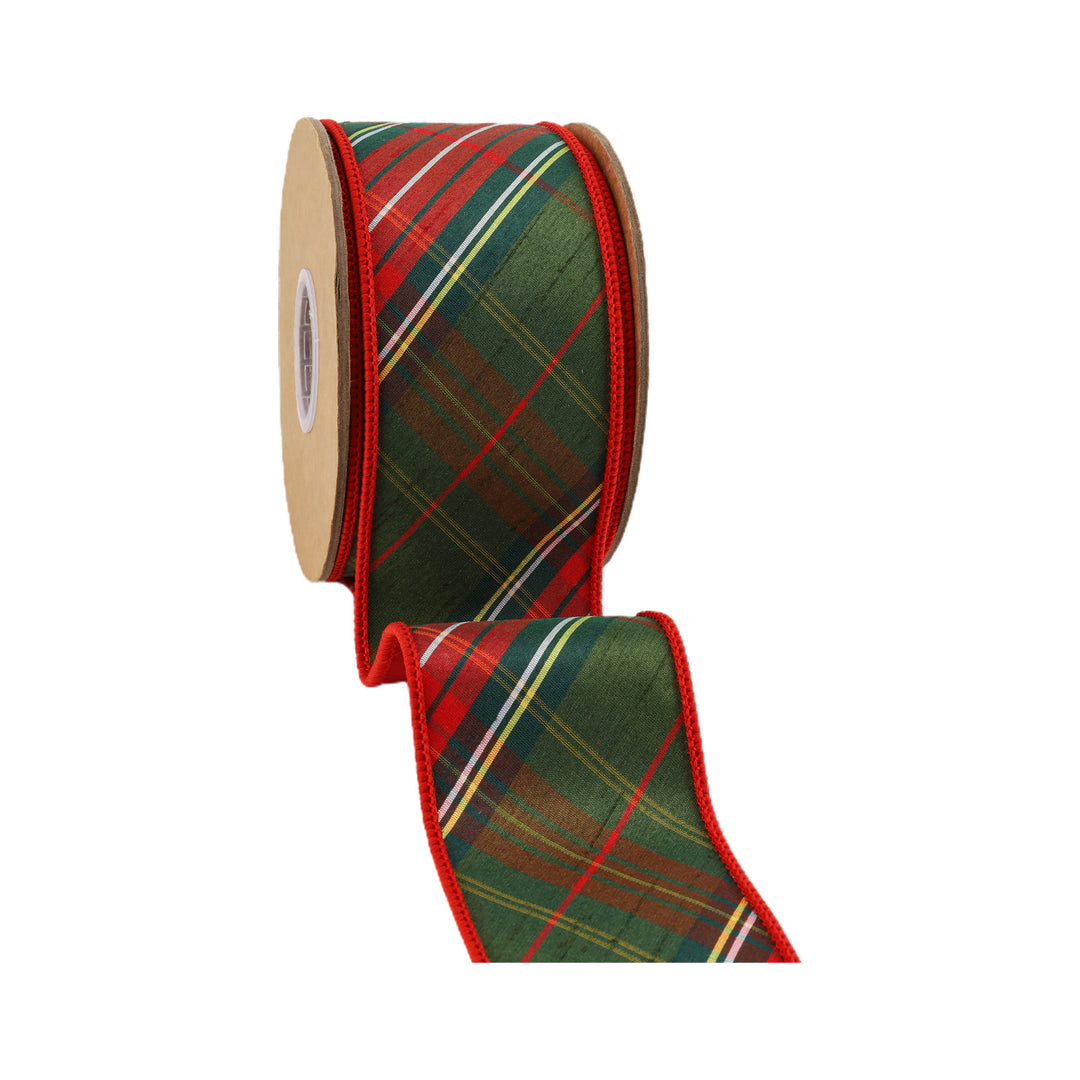 2 1/2" Wired Dupioni Ribbon | Red/Dark Green Plaid Bias Cut Double-Fused Red Backing | 5 Yard Roll