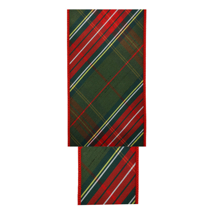 2 1/2" Wired Dupioni Ribbon | Red/Dark Green Plaid Bias Cut Double-Fused Red Backing | 5 Yard Roll