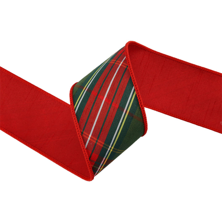 2 1/2" Wired Dupioni Ribbon | Red/Dark Green Plaid Bias Cut Double-Fused Red Backing | 5 Yard Roll