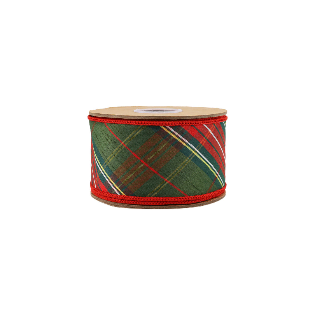 2 1/2" Wired Dupioni Ribbon | Red/Dark Green Plaid Bias Cut Double-Fused Red Backing | 5 Yard Roll