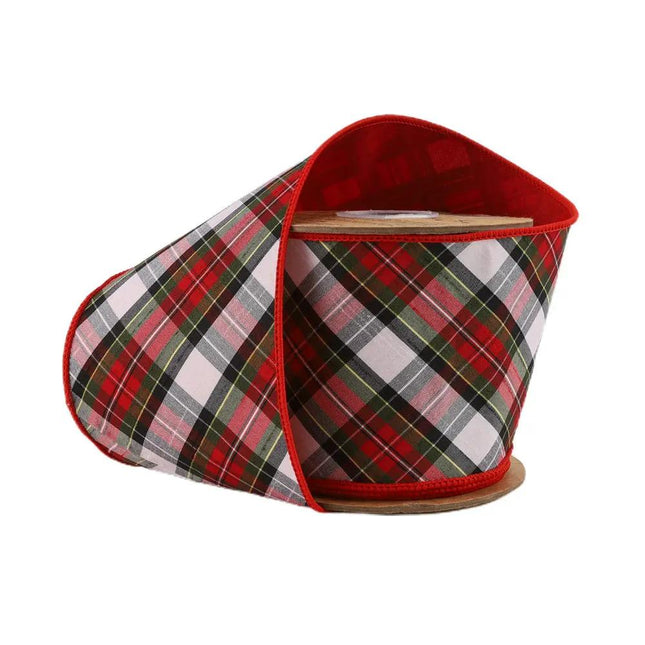 4" Wired Dupioni Ribbon | Red/Green/Black/White Small Plaid Bias Cut Double-Fused Red Backing | 5 Yard Roll LaRibbons and Crafts