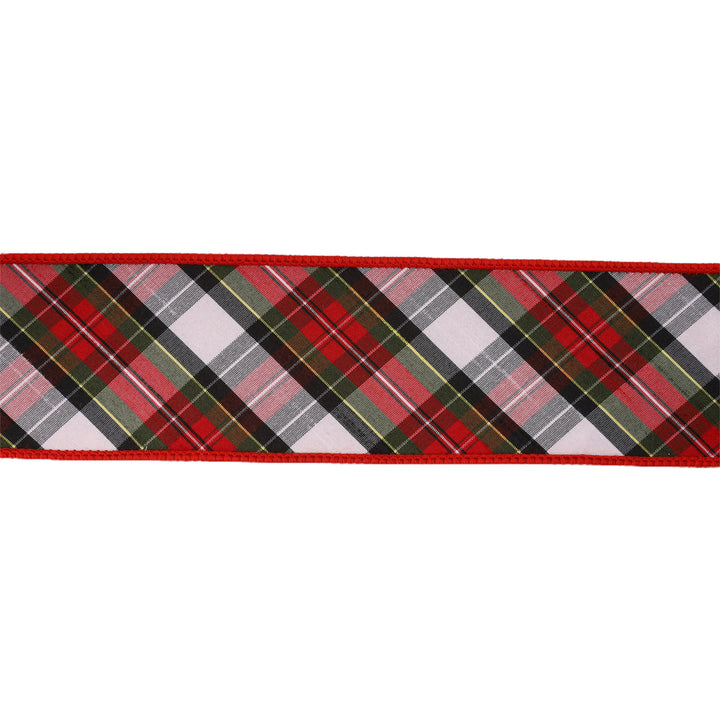 2 1/2" Wired Dupioni Ribbon | Red/Green/Black/White Small Plaid Bias Cut Double-Fused Red Backing | 5 Yard Roll