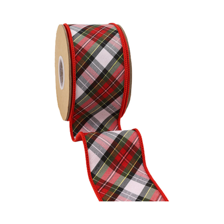 2 1/2" Wired Dupioni Ribbon | Red/Green/Black/White Small Plaid Bias Cut Double-Fused Red Backing | 5 Yard Roll