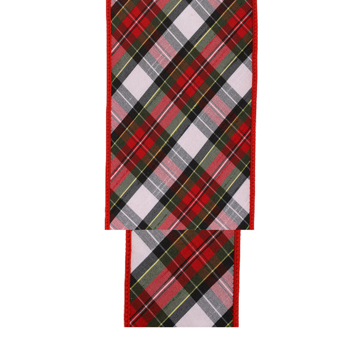 2 1/2" Wired Dupioni Ribbon | Red/Green/Black/White Small Plaid Bias Cut Double-Fused Red Backing | 5 Yard Roll