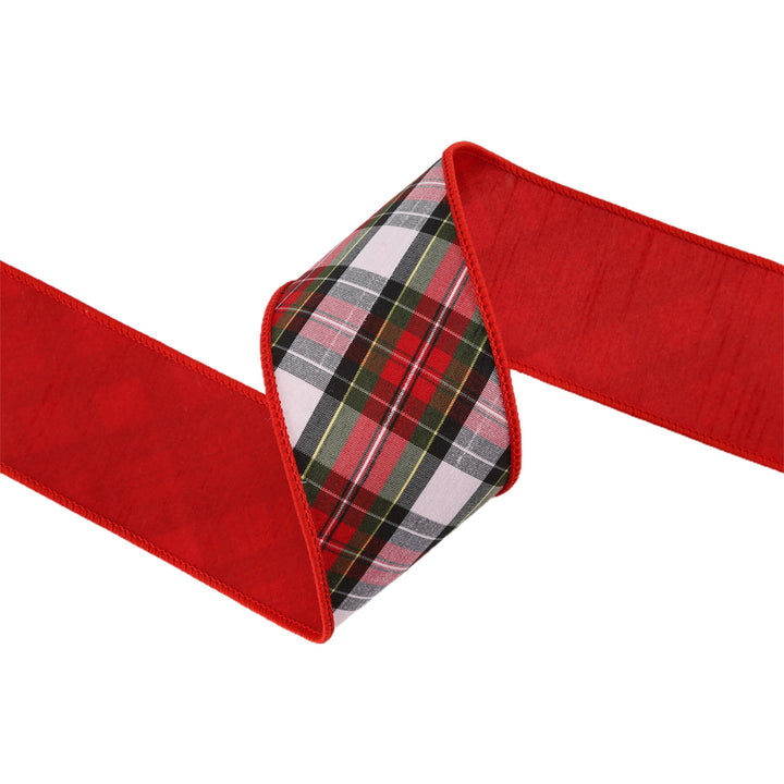 2 1/2" Wired Dupioni Ribbon | Red/Green/Black/White Small Plaid Bias Cut Double-Fused Red Backing | 5 Yard Roll