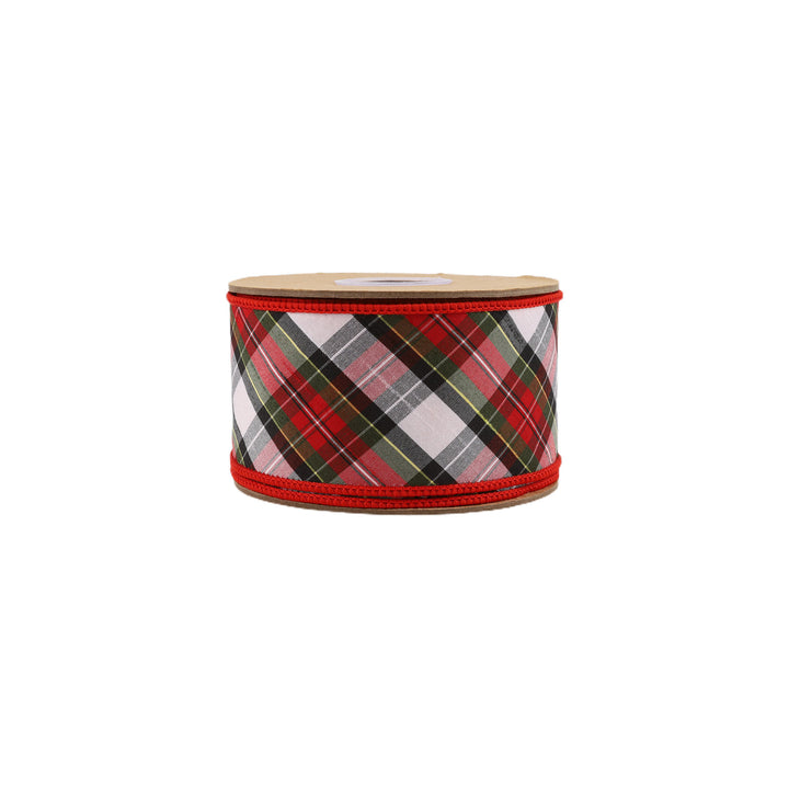 2 1/2" Wired Dupioni Ribbon | Red/Green/Black/White Small Plaid Bias Cut Double-Fused Red Backing | 5 Yard Roll