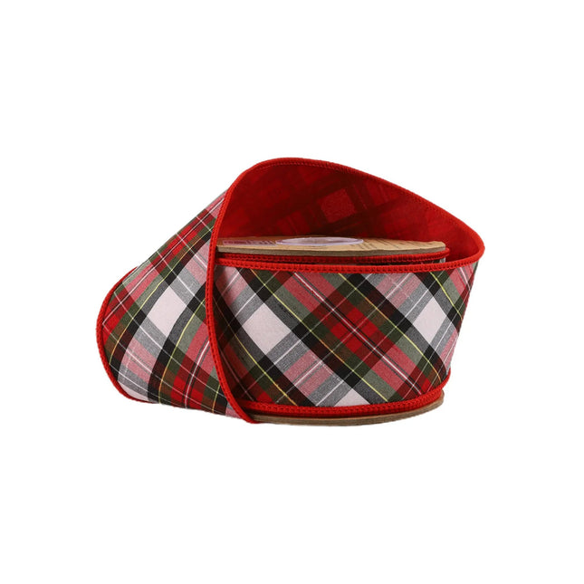 2 1/2" Wired Dupioni Ribbon | Red/Green/Black/White Small Plaid Bias Cut Double-Fused Red Backing | 5 Yard Roll LaRibbons and Crafts