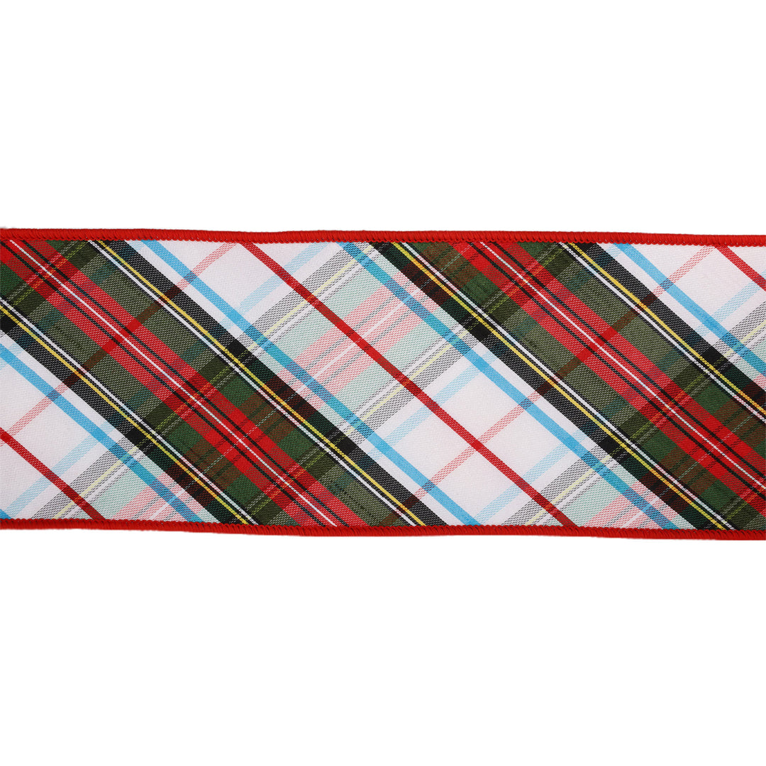 4" Wired Ribbon | Plaid Bias Cut Red/Green/Black/White/Turquoise | 5 Yard Roll