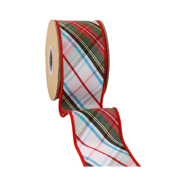 2 1/2" Wired Ribbon | Plaid Bias Cut Red/Green/Black/White/Turquoise | 10 Yard Roll