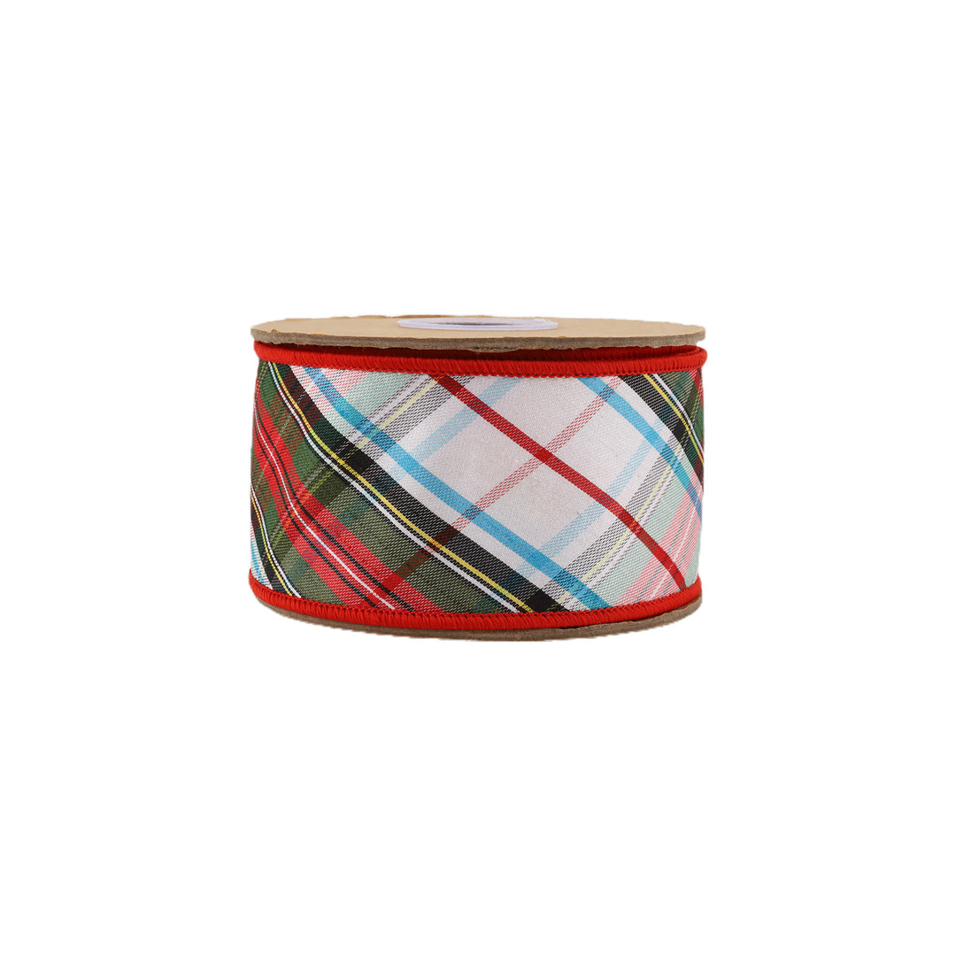 2 1/2" Wired Ribbon | Plaid Bias Cut Red/Green/Black/White/Turquoise | 10 Yard Roll