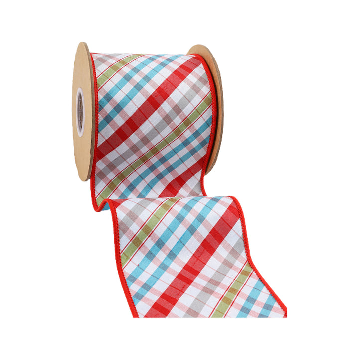 4" Wired Taffeta Ribbon | Red/Turquoise/Apple Green/White Plaid Bias Cut Double-Fused w/ Turquoise Backing | 10 Yard Roll