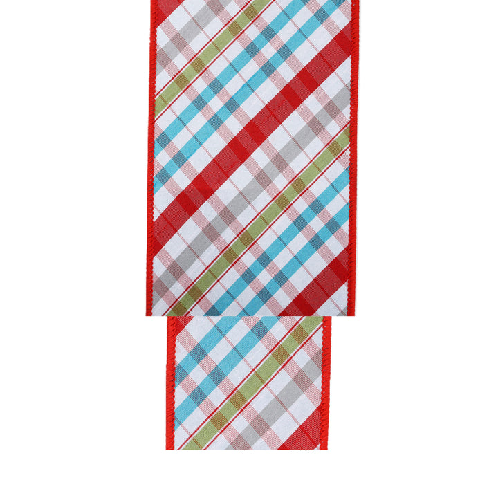 4" Wired Taffeta Ribbon | Red/Turquoise/Apple Green/White Plaid Bias Cut Double-Fused w/ Turquoise Backing | 10 Yard Roll