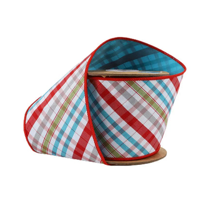 4" Wired Taffeta Ribbon | Red/Turquoise/Apple Green/White Plaid Bias Cut Double-Fused w/ Turquoise Backing | 10 Yard Roll LaRibbons and Crafts