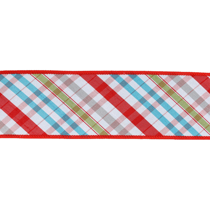 2 1/2" Wired Taffeta Ribbon | Red/Turquoise/Apple Green/White Plaid Bias Cut Double-Fused w/ Turquoise Backing | 10 Yard Roll