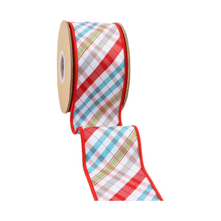 2 1/2" Wired Taffeta Ribbon | Red/Turquoise/Apple Green/White Plaid Bias Cut Double-Fused w/ Turquoise Backing | 10 Yard Roll