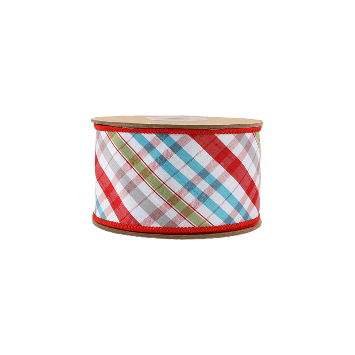 2 1/2" Wired Taffeta Ribbon | Red/Turquoise/Apple Green/White Plaid Bias Cut Double-Fused w/ Turquoise Backing | 10 Yard Roll