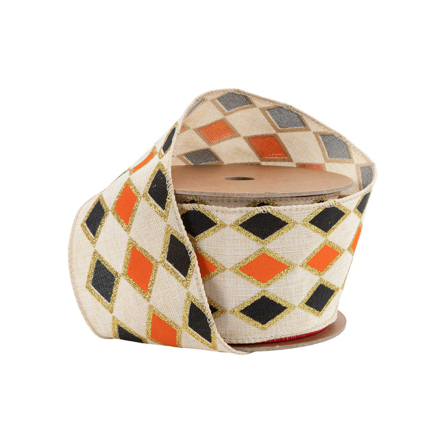 2 1/2" Wired Ribbon | Black and Orange Diamond with Gold Glitter Pattern | 10 Yard Spool LA Ribbons Wholesale