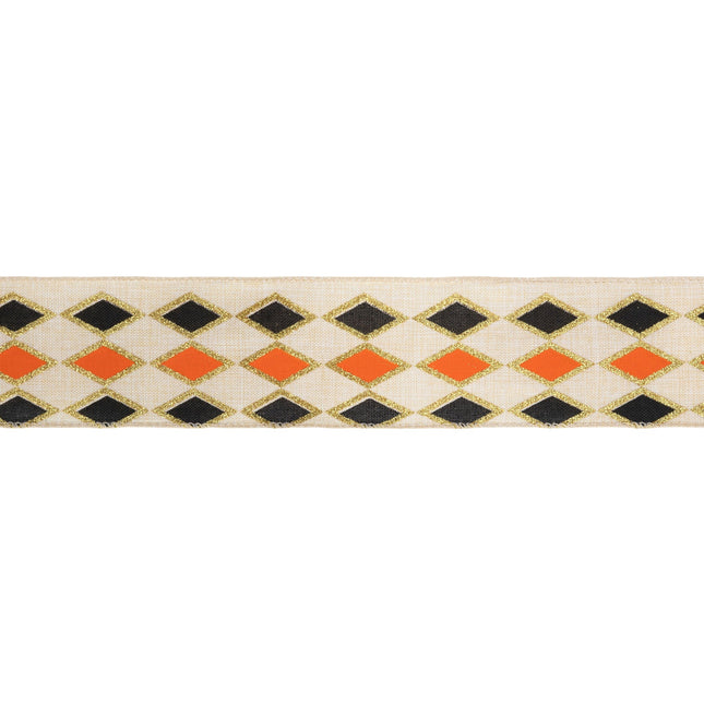2 1/2" Wired Ribbon | Black and Orange Diamond with Gold Glitter Pattern | 10 Yard Spool LA Ribbons Wholesale