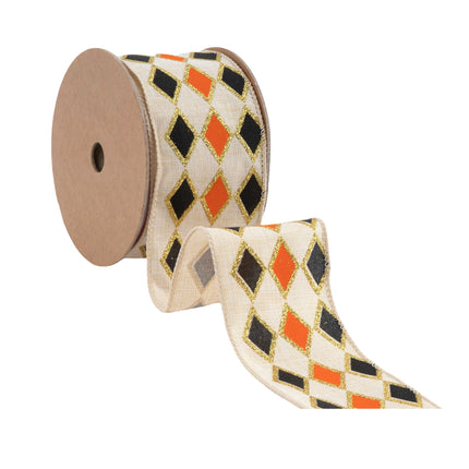 2 1/2" Wired Ribbon | Black and Orange Diamond with Gold Glitter Pattern | 10 Yard Spool LA Ribbons Wholesale