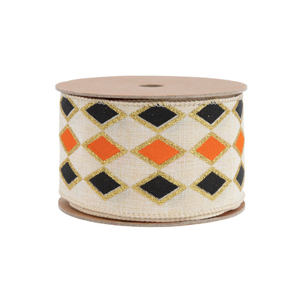 2 1/2" Wired Ribbon | Black and Orange Diamond with Gold Glitter Pattern | 10 Yard Spool LA Ribbons Wholesale