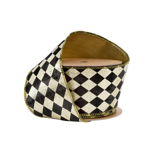 2 1/2" Wired Ribbon, Black and Gold Harlequin with Gold Backing,perfect for New Year’s Eve decor