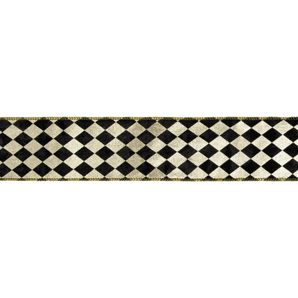 Bold Black & Gold Harlequin 2 1/2" wired ribbon with shimmering gold backing, ideal for crafting dramatic bows