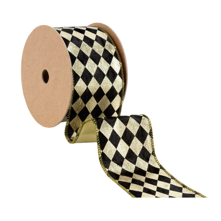Versatile 2 1/2" Wired Ribbon, Black and Gold Harlequin with Gold Backing, designed for DIY holiday crafts