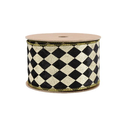 Durable 2 1/2" Wired Ribbon, Black and Gold Harlequin with Gold Backing, perfect for holiday decor