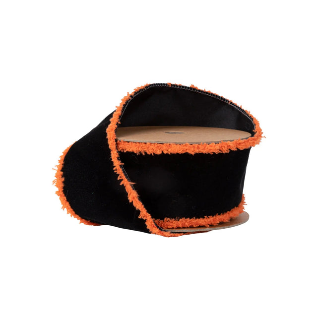 2 1/2" Wired Ribbon | Black with Orange Fuzzy Edge | 10 Yard Roll LA Ribbons Wholesale