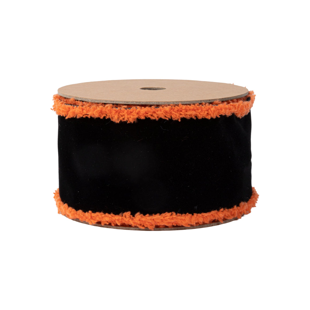 2 1/2" Wired Ribbon | Black with Orange Fuzzy Edge | 10 Yard Roll