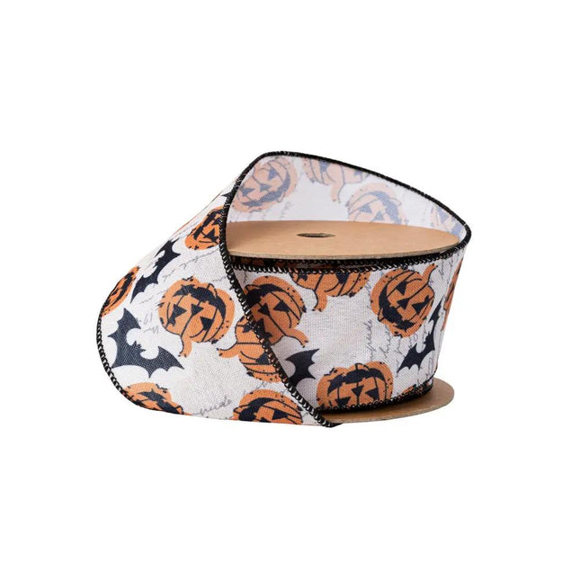 2 1/2" Wired Ribbon | Scary Pumpkin and Bats | 10 Yard Roll LA Ribbons Wholesale